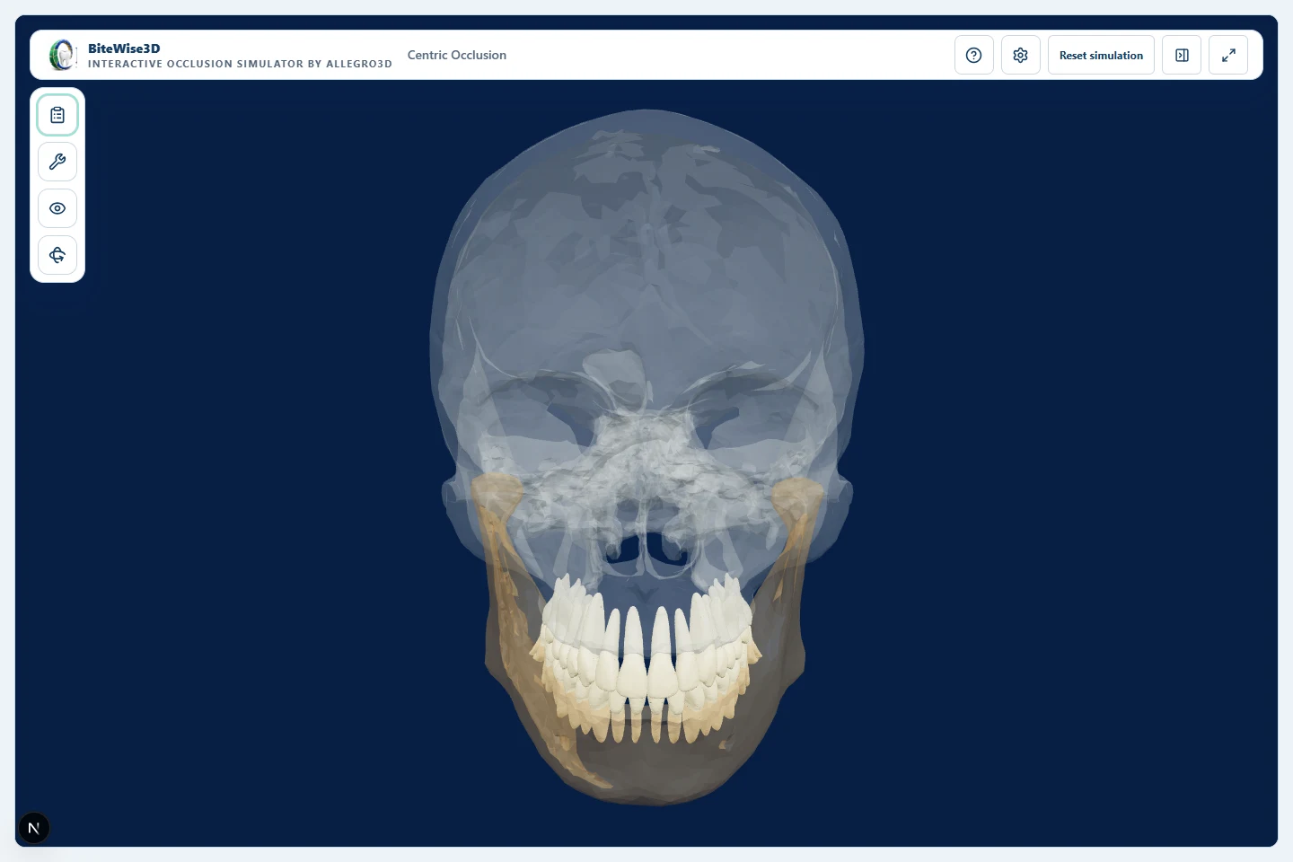 BiteWise3D interactive occlusion simulator showing a 3D skull, mandible, dentition, and clinical controls.